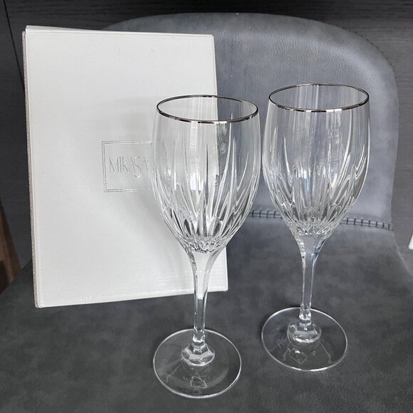Mikasa Other - Mikasa Arctic Lights Platinum Rim Crystal Goblet Glasses Set of 2 NIB